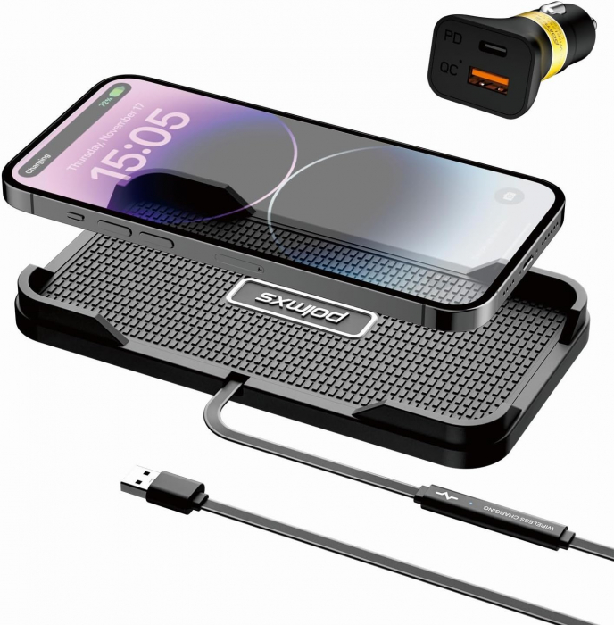 Incarcator masina fara fir, 15W, tip covoras anti-alunecare, adaptor masina 40W, USB-C pentru iPhone 15 14 13 12 11 XR XS X 8 Samsung S24 S23 Note 10, Polmxs-Amazon [1]