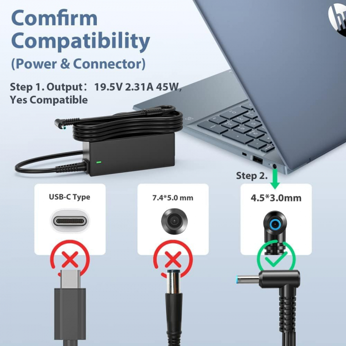 Incarcator pentru Laptop HP, SUNYDEAL, 45W, 19.5V 2.31A, 4.5mm*3mm - GRAD A [3]
