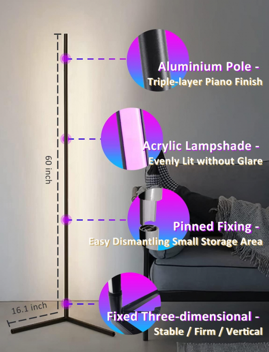 Lampa de colt, LED RGB, joc de lumini, telecomanda, amplasare pe podea, suport metalic rezistent, design modern, lumina ambientala, 153 cm, APP control, Sotipevs - Amazon [4]