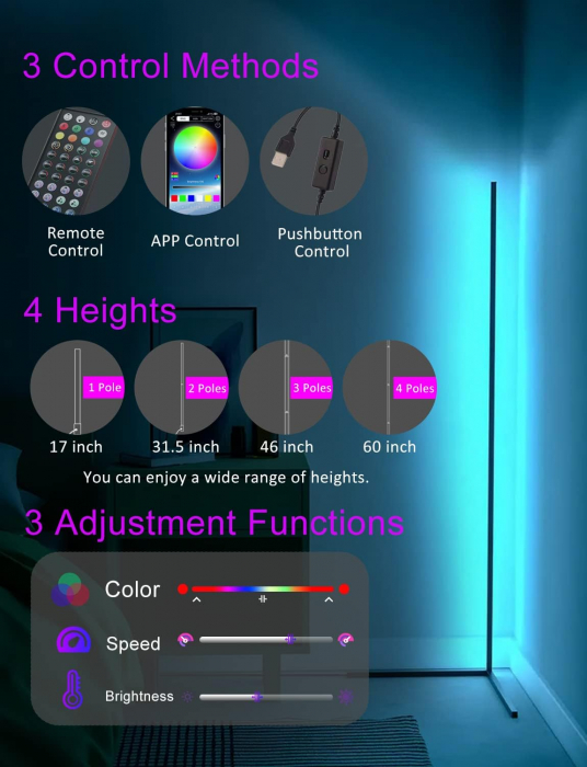 Lampa de colt, LED RGB, joc de lumini, telecomanda, amplasare pe podea, suport metalic rezistent, design modern, lumina ambientala, 153 cm, APP control, Sotipevs - Amazon [2]