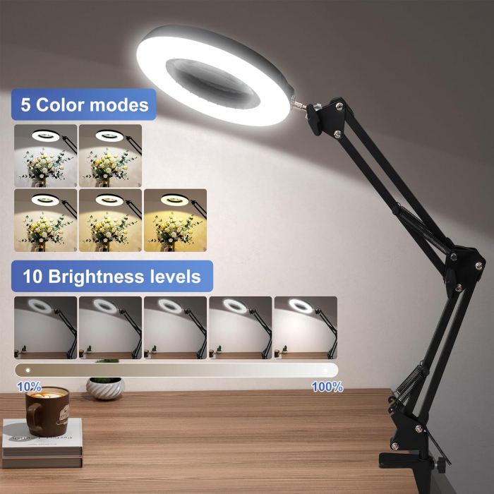 Lupa cu lumina LED, 10X , prindere blat sau in suport, 5 moduri de iluminare, 10 trepte de luminozitate  - GRAD A [3]