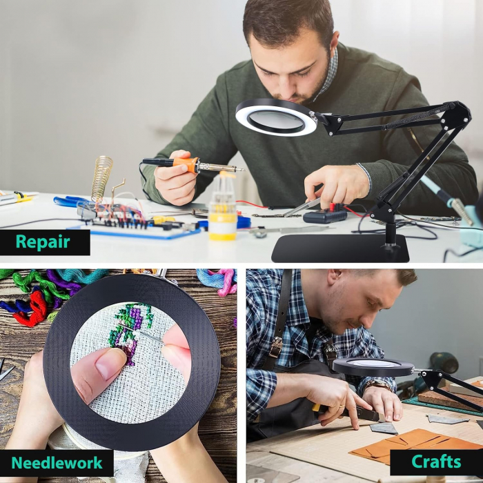 Lupa de masa cu lumina LED, 3 Moduri iluminare, Marire 10x, 2 moduri de prindere, Amazon, Negru [4]