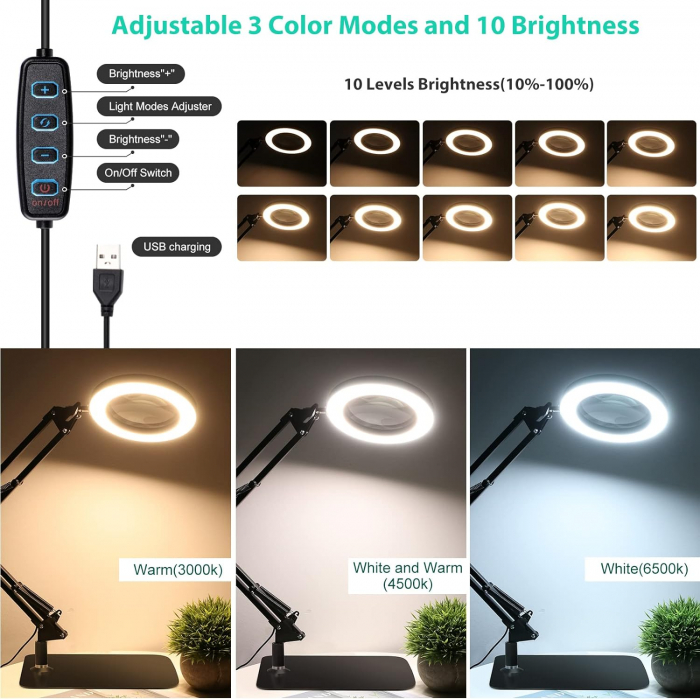 Lupa de masa cu lumina LED, 3 Moduri iluminare, Marire 10x, 2 moduri de prindere, Amazon, Negru [2]