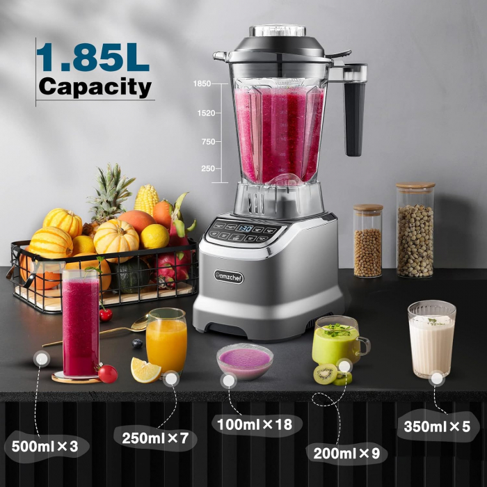 Mixer 2 in 1, 2000W, 1,85L capacitate, 6 lame otel inoxidabil, bol 600 ml smoothie, AMZCHEF - Amazon gri mat, [4]