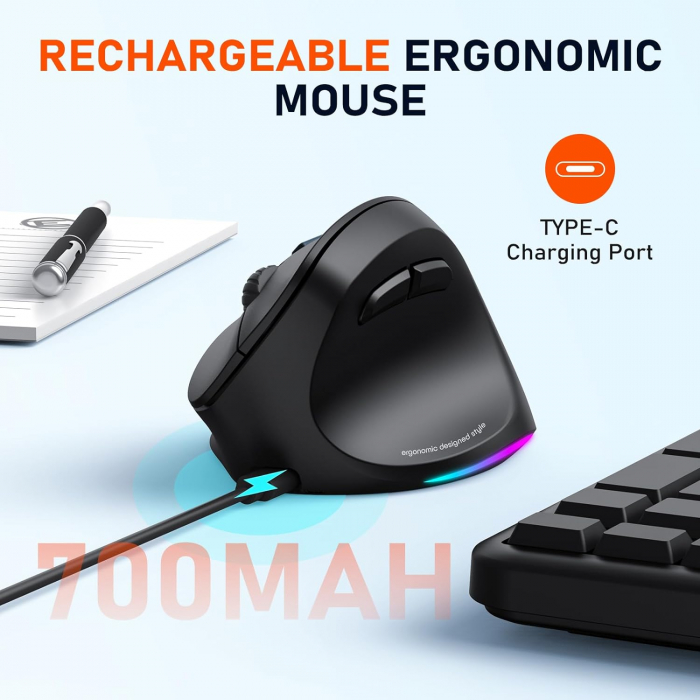 Mouse ergonomic, LED RGB, Bluetooth 5.2 3.0, USB-A,4 setari DPI - GRAD A [6]