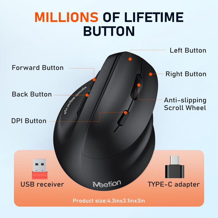 Mouse ergonomic, LED RGB, Bluetooth 5.2 3.0, USB-A,4 setari DPI - GRAD A [7]