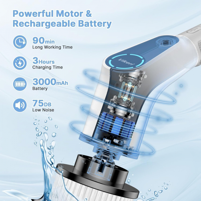 Perie electrica de curatare si lustruire, 500 rpm, fara fir, rotativa 360 de grade, 8 capete interschimbabile, maner telescopic, Vikeri - Amazon, alb  - GRAD A [5]