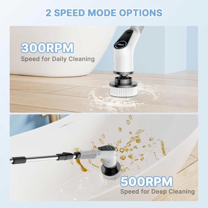 Perie electrica de curatare si lustruire, 500 rpm, fara fir, rotativa 360 de grade, 8 capete interschimbabile, maner telescopic, Vikeri - Amazon, alb  - GRAD A [3]