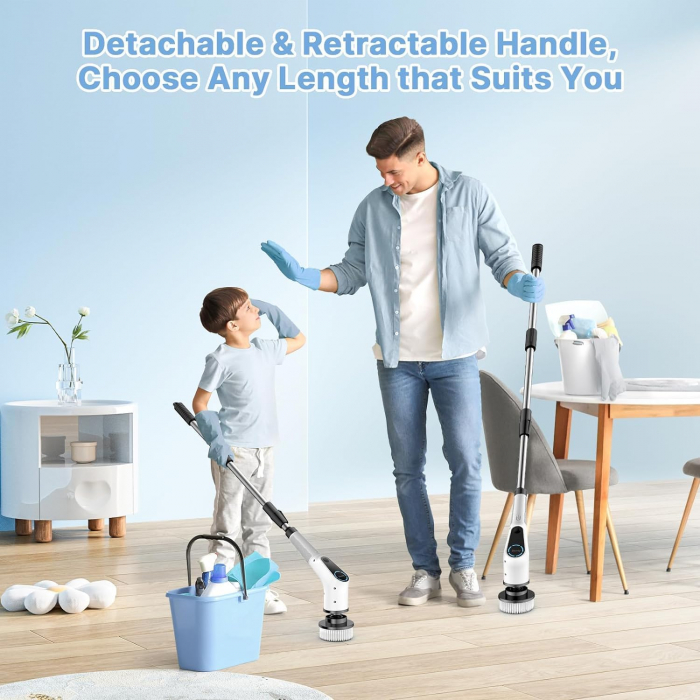 Perie electrica de curatare si lustruire, 500 rpm, fara fir, rotativa 360 de grade, 8 capete interschimbabile, maner telescopic, Vikeri - Amazon, alb  - GRAD A [2]