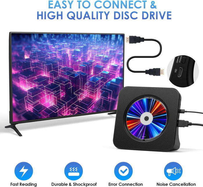 Player DVD CD, bluetooth, CD, radio, telecomanda, USB-C, Gueray - Amazon, negru [5]