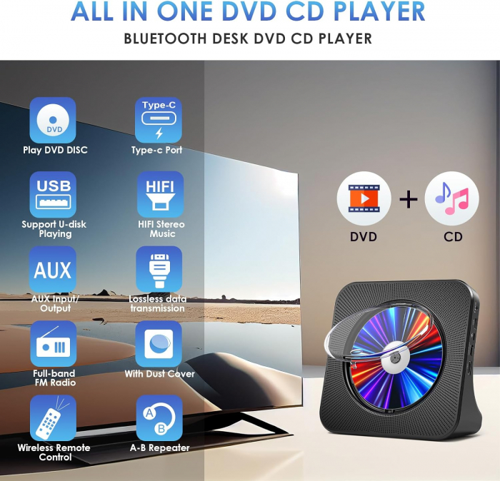 Player DVD CD, bluetooth, CD, radio, telecomanda, USB-C, Gueray - Amazon, negru [2]