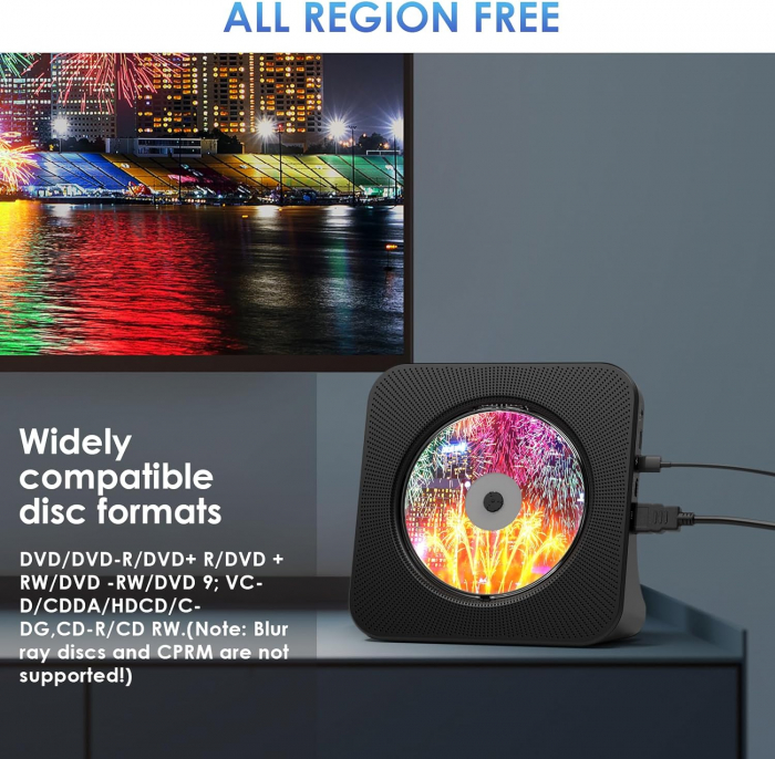 Player DVD CD, bluetooth, CD, radio, telecomanda, USB-C, Gueray - Amazon, negru [3]