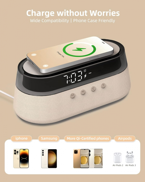 Radio cu ceas, EZVALO alarma functie incarcare fara fir 15W  lumina LED  RGB, difuzor Bluetooth 5.0 - GRAD A [5]