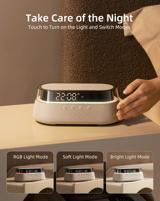 Radio cu ceas, EZVALO alarma functie incarcare fara fir 15W  lumina LED  RGB, difuzor Bluetooth 5.0 - GRAD A [3]