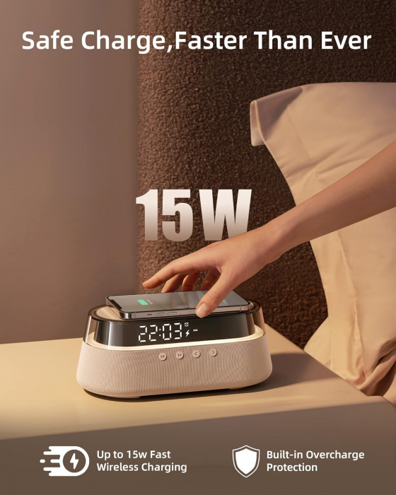 Radio cu ceas, EZVALO alarma functie incarcare fara fir 15W  lumina LED  RGB, difuzor Bluetooth 5.0 - GRAD A [4]