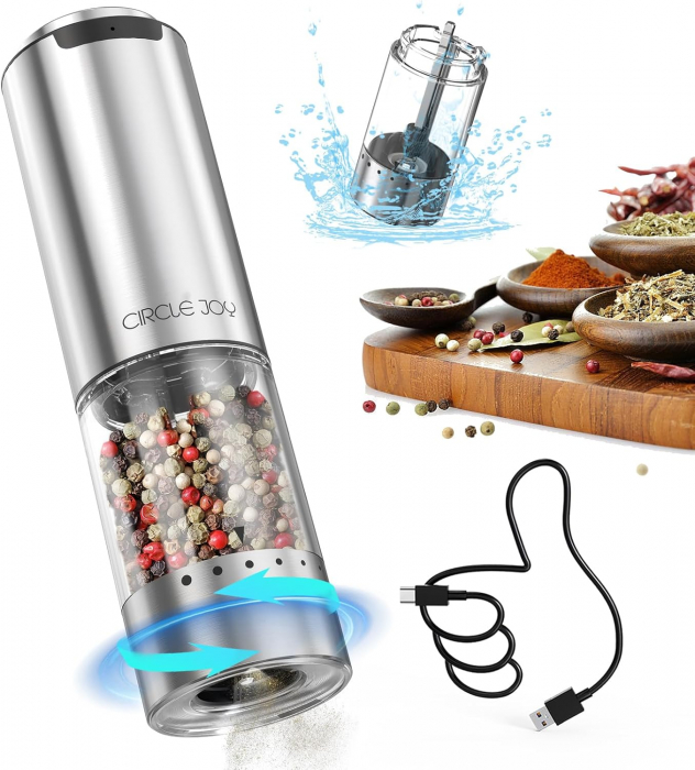 Rasnita electrica de condimente din otel inoxidabil cu recipient transparent de 95 ml, baterie Li-ion reincarcabila, Lumina LED alba, reglabila extern, Circle Joy - Amazon - GRAD A [1]