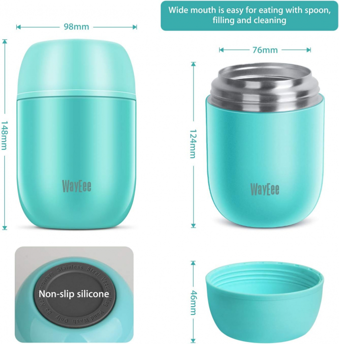 Termos alimentar 450 ml, otel inoxidabil dublu izolat, lingura pliabila, WayEee - Amazon, vernil [4]