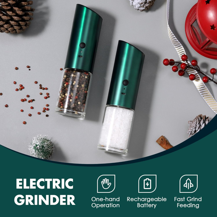 Set 2 Rasnite electrice automate pentru sare, piper, condimente, maruntire reglabila, mecanism ceramic, acumulator Li-Ion, culoare verde - GRAD A [6]