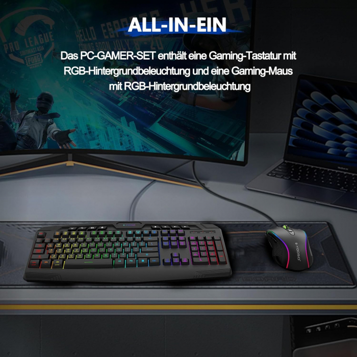 Set Gaming tastatura si Mouse (QWERTY) US lumini RGB Backlight , cu fir, suport incheietura, 104 taste  - GRAD A [5]