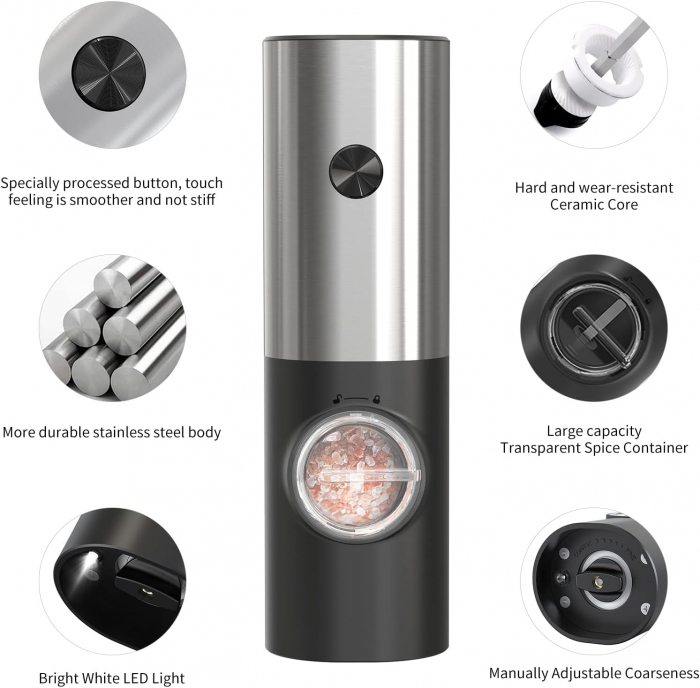 Set rasnite sare si piper cu baterii, CIRCLE JOY, suport depozitare, lumini LED, rasnite ceramice ajustabile, negru/argintiu - GRAD A [2]