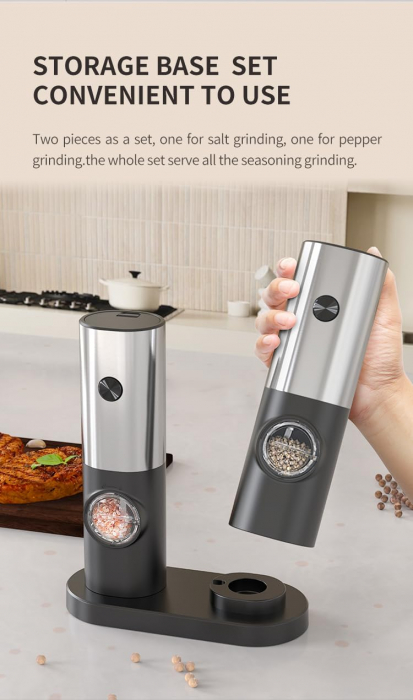 Set rasnite sare si piper cu baterii, CIRCLE JOY, suport depozitare, lumini LED, rasnite ceramice ajustabile, negru/argintiu - GRAD A [6]