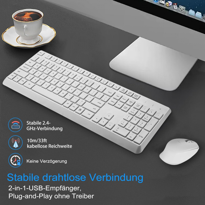 Set tastatura si mouse fara fir, US (QWERTY) 2.4G USB, ergonomica pentru Windows, Mac, Jbonest, alb  - GRAD A [6]