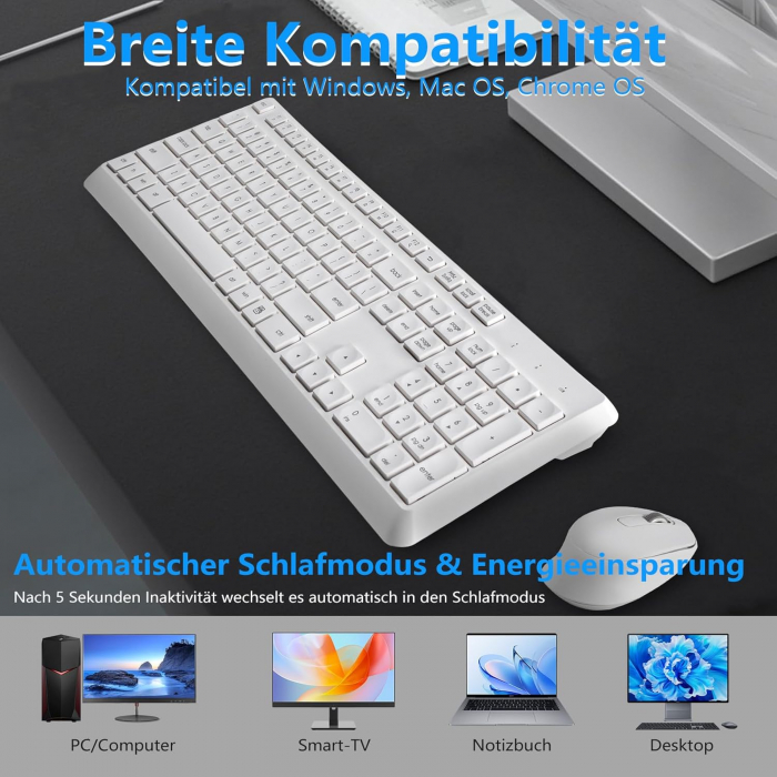 Set tastatura si mouse fara fir, US (QWERTY) 2.4G USB, ergonomica pentru Windows, Mac, Jbonest, alb  - GRAD A [4]