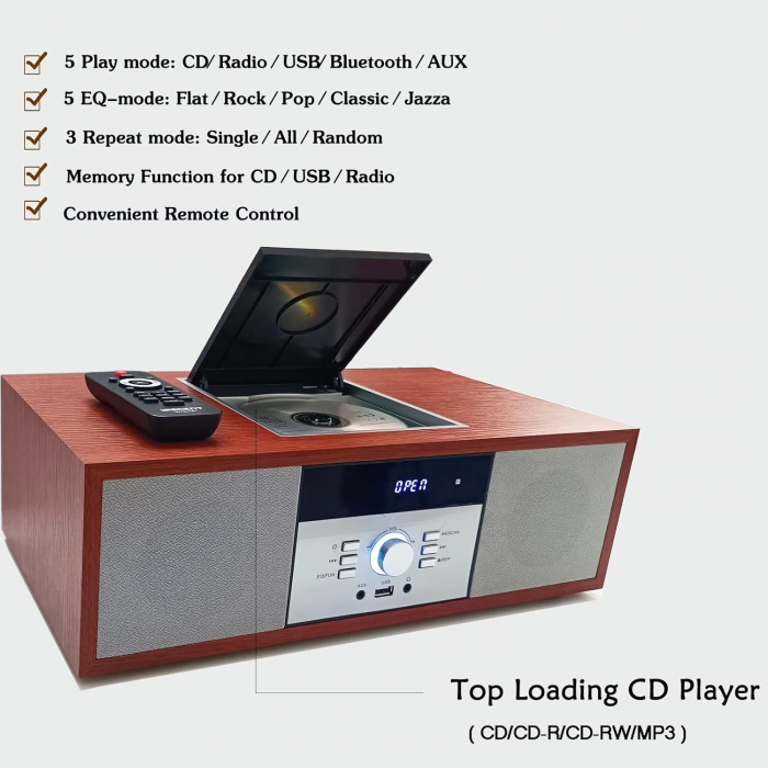 Sistem compact stereo retro, CD player, Bluetooth, radio FM, port USB, Aux-in, mufa pentru casti - GRAD A [3]
