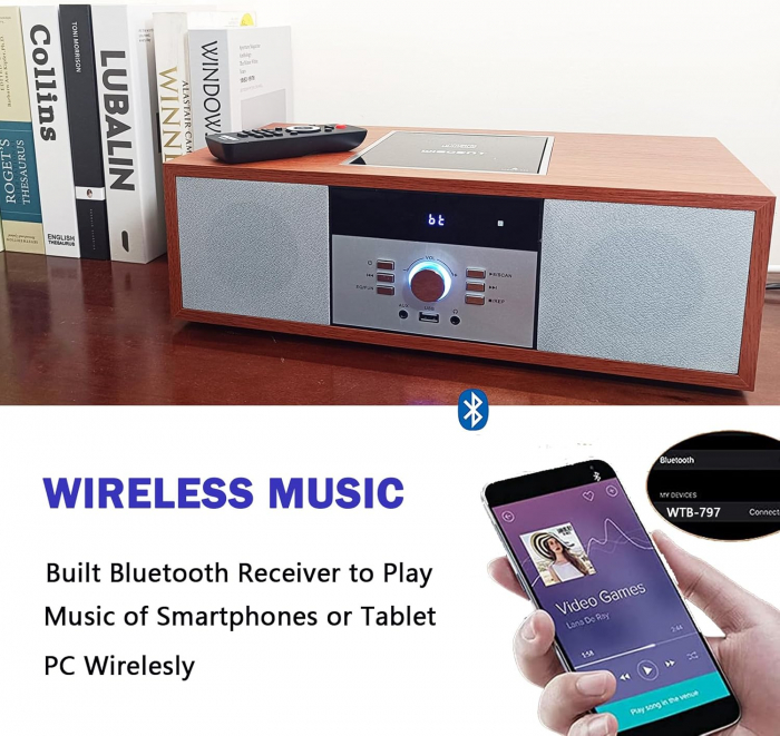 Sistem compact stereo retro, CD player, Bluetooth, radio FM, port USB, Aux-in, mufa pentru casti - GRAD A [4]