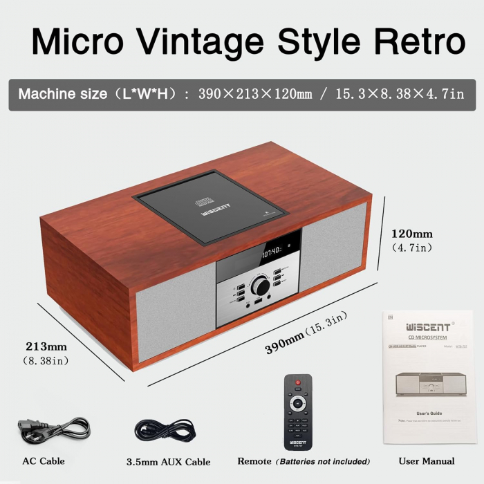 Sistem compact stereo retro, CD player, Bluetooth, radio FM, port USB, Aux-in, mufa pentru casti - GRAD A [8]