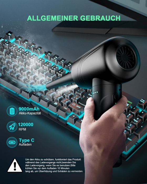 Suflanta aer, 3 viteze, baterie Li-ion, 120000 RPM, multiple accesorii, incarcare USB-C, JoyGeek - Amazon [3]