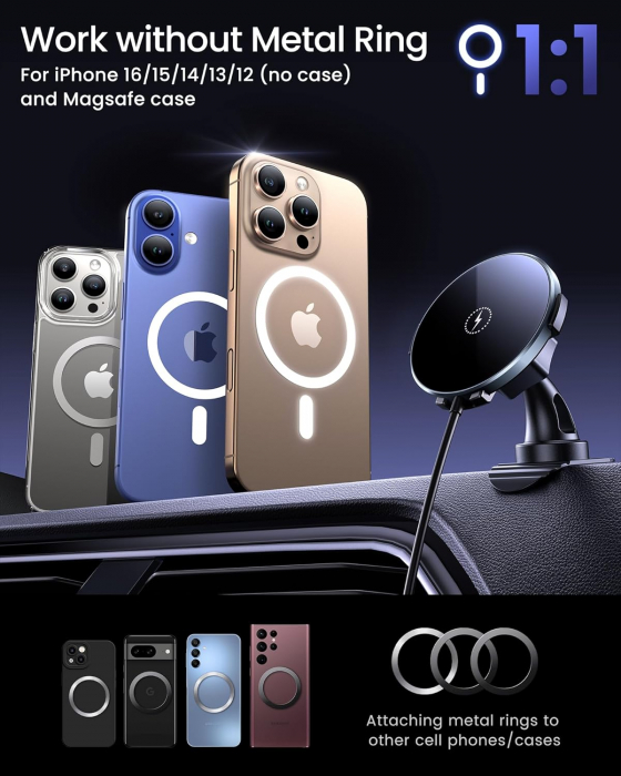 Suport Telefon magnetic, auto sau acasa cu Incarcare Wireless  15W, pentru iPhone 16/15/14/13/12/11, Hoonyer - Amazon - GRAD A [7]