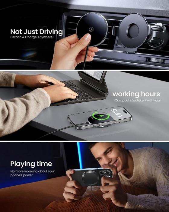 Suport Telefon magnetic, auto sau acasa cu Incarcare Wireless  15W, pentru iPhone 16/15/14/13/12/11, Hoonyer - Amazon - GRAD A [5]