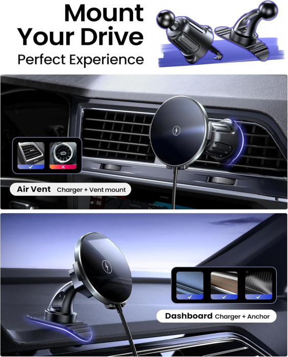 Suport Telefon magnetic, auto sau acasa cu Incarcare Wireless  15W, pentru iPhone 16/15/14/13/12/11, Hoonyer - Amazon - GRAD A [2]