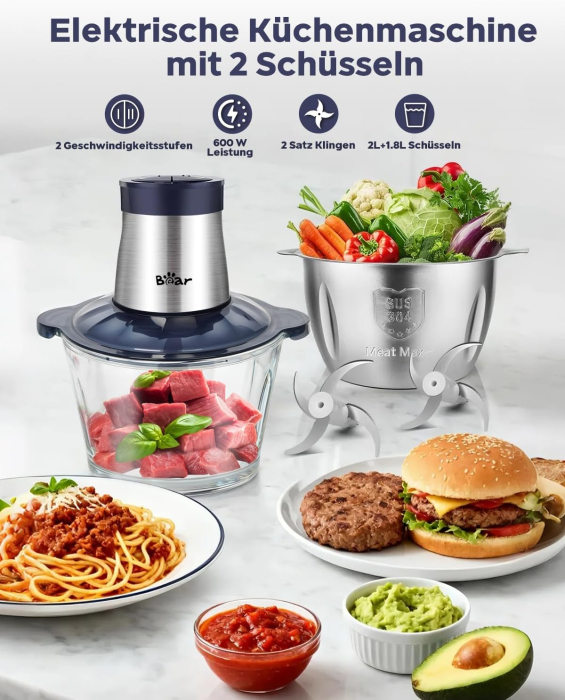 Tocator Electric 2L+1.8L, 600W 2 Viteze 2 Lame din Otel Inoxidabil, Sticla/Otel - GRAD A [2]