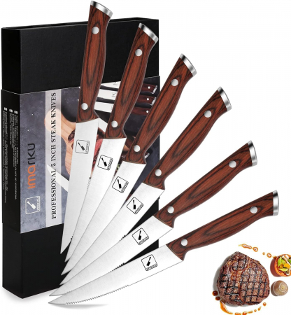 Accesorii servire - Set 6 cutite friptura ,12.5 cm, otel inoxidabil, maner din Pakkawood, cutie cadou, Imarku-Amazon
