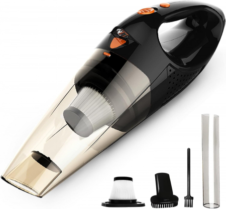 Aspiratoare - Aspirator portabil, pentru casa si masina, Li-Ion, 12V, 2 filtre, VacLife-Amazon, portocaliu/negru
