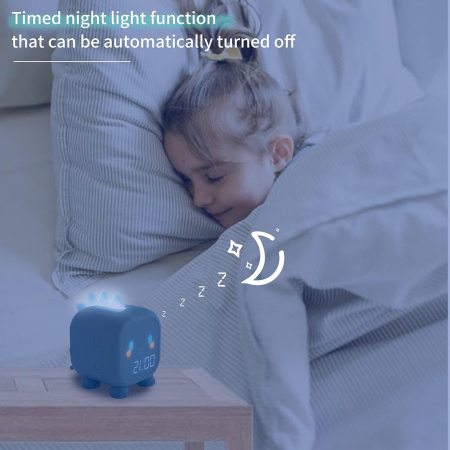 Ceas desteptator digital pentru copii, Edillas, model dinozaur, alarma duala, antrenament somn, lumina de veghe LED, USB-C, albastru deschis - GRAD A [2]