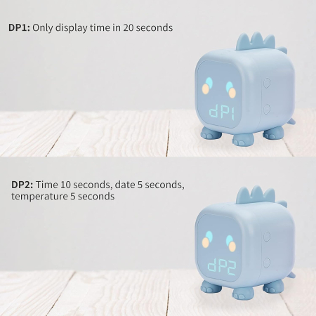 Ceas desteptator digital pentru copii, Edillas, model dinozaur, alarma duala, antrenament somn, lumina de veghe LED, USB-C, albastru deschis - GRAD A [4]