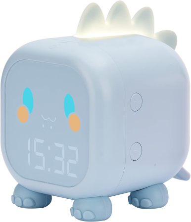 Smart Home - Ceas desteptator digital pentru copii, Edillas, model dinozaur, alarma duala, antrenament somn, lumina de veghe LED, USB-C, albastru deschis - GRAD A
