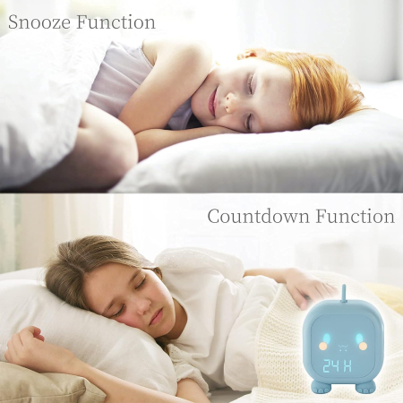 Ceas desteptator digital pentru copii, Edillas, model dinozaur, alarma duala, antrenament somn, lumina de veghe LED, USB-C, albastru deschis - GRAD A [3]