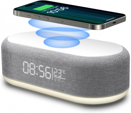 Smart Home - Ceas digital, incarcare telefon 15W fara fir, alarma, temperatura ambientala, lumini LED, dimabile - GRAD A