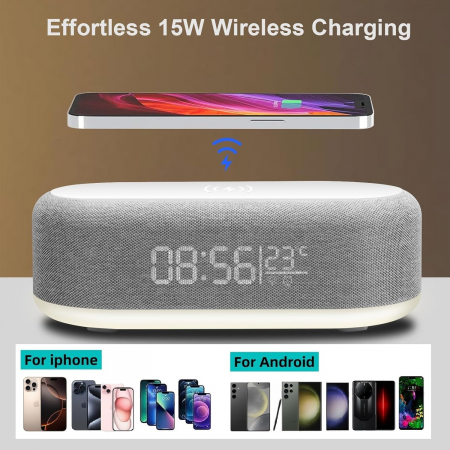 Ceas digital, incarcare telefon 15W fara fir, alarma, temperatura ambientala, lumini LED, dimabile - GRAD A [3]