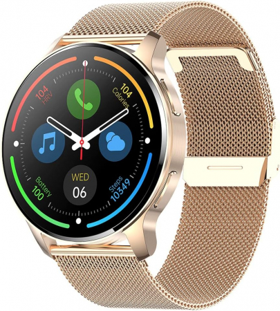 Wearables - Ceas smart cu Functie Telefon, Rezolutie 360 x 360, IP67 Rezistent la Apa, Masurare Ritm Cardiac, SpO2, Tensiune Arteriala, 20 Moduri Sport, Notificare Aplicatii, Reminder, iPhone si Android, auriu -