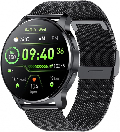 Wearables - Ceas smart cu Functie Telefon, Rezolutie 360 x 360, IP67 Rezistent la Apa, Masurare Ritm Cardiac, SpO2, Tensiune Arteriala, 20 Moduri Sport, Notificare Aplicatii, Reminder, Compatibil cu iPhone si And