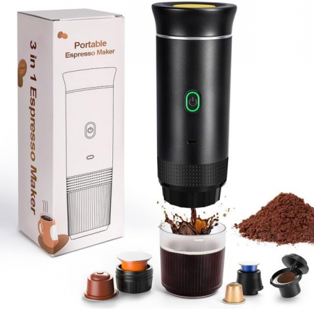 Expresoare, Cafetiere si Accesorii - Espressor portabil electric, capsule sau cafea macinata, extractie rece sau calda, pentru Camping, Masina, Calatorie, Negru - GRAD A