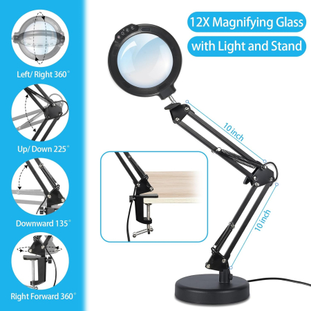 Lupa cu lumina LED, 12X , prindere blat sau in suport, 5 moduri de iluminare, 10 trepte de luminozitate - GRAD A [5]