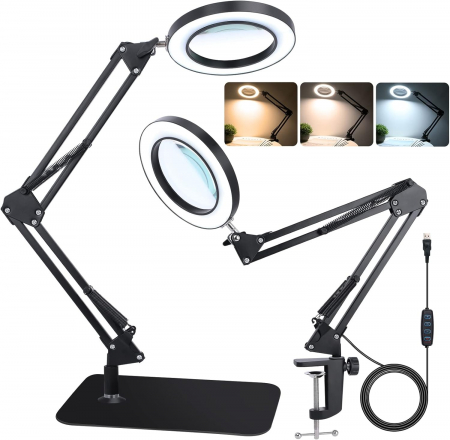 Lupa de masa cu lumina LED, 3 Moduri iluminare, Marire 10x, 2 moduri de prindere, Amazon, Negru [0]