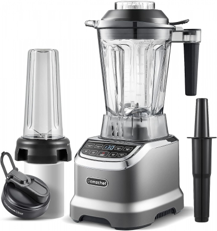 Electrocasnice - Mixer 2 in 1, 2000W, 1,85L capacitate, 6 lame otel inoxidabil, bol 600 ml smoothie, AMZCHEF - Amazon gri mat,