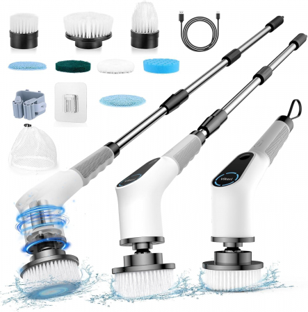 Mopuri electrice si Aparate de curatat cu aburi - Perie electrica de curatare si lustruire, 500 rpm, fara fir, rotativa 360 de grade, 8 capete interschimbabile, maner telescopic, Vikeri - Amazon, alb  - GRAD A